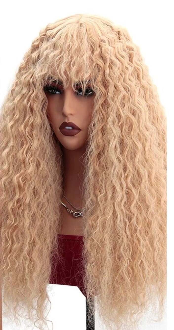 24 inches Long Curly Synthetic Wig with Bangs in Blonde